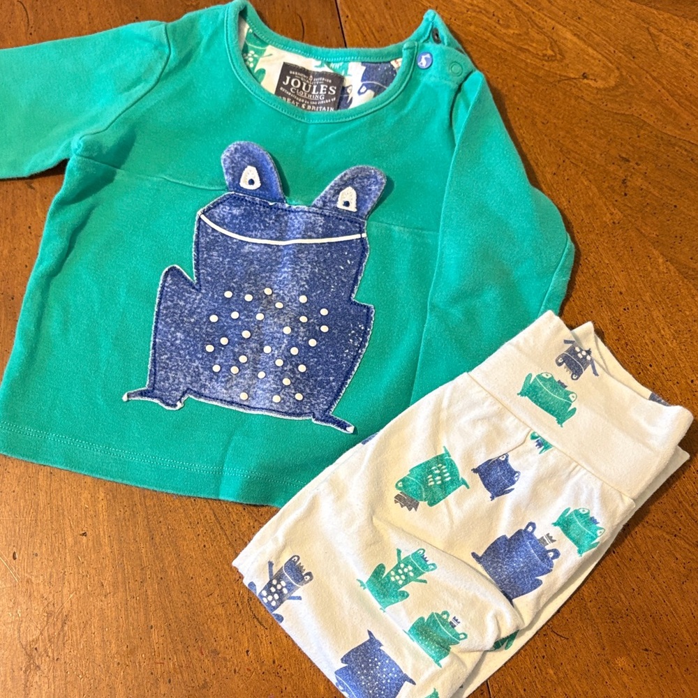 Joules Teal Top with Blue Frog Applique and White Frog Print Pajama Set